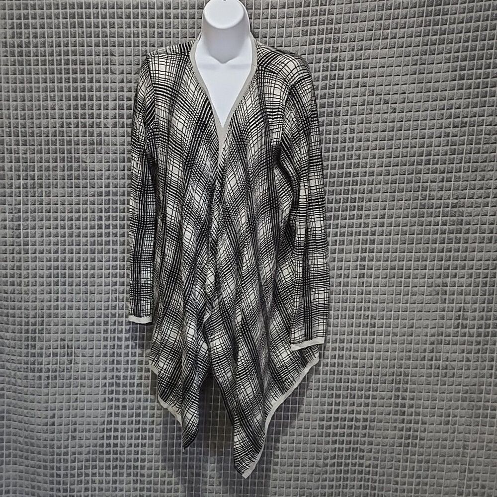 Soft Plaid Waterfall Sweater Cardigan SzLg Stretch Open Drape Wrap Preppy Cozy